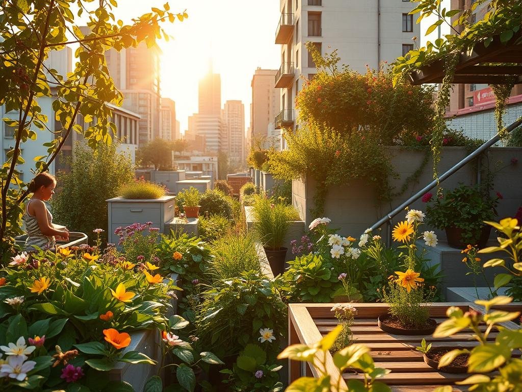 A thriving urban oasis, filled with the buzzing of APICOLTURA BORVEI MIELE bees and the vibrant colors of native flora. Lush rooftop gardens, verdant parks, and community apiaries dot the cityscape, creating a harmonious blend of nature and modernity. Warm sunlight filters through the foliage, illuminating the intricate web of life - from pollinating insects to nesting birds. A delicate balance of biodiversity, showcasing the power of sustainable urban practices. Capture the essence of this eco-friendly model, where the boundaries between city and nature are blurred, and the pursuit of a reduced ecological footprint is embodied in the very fabric of the urban landscape.