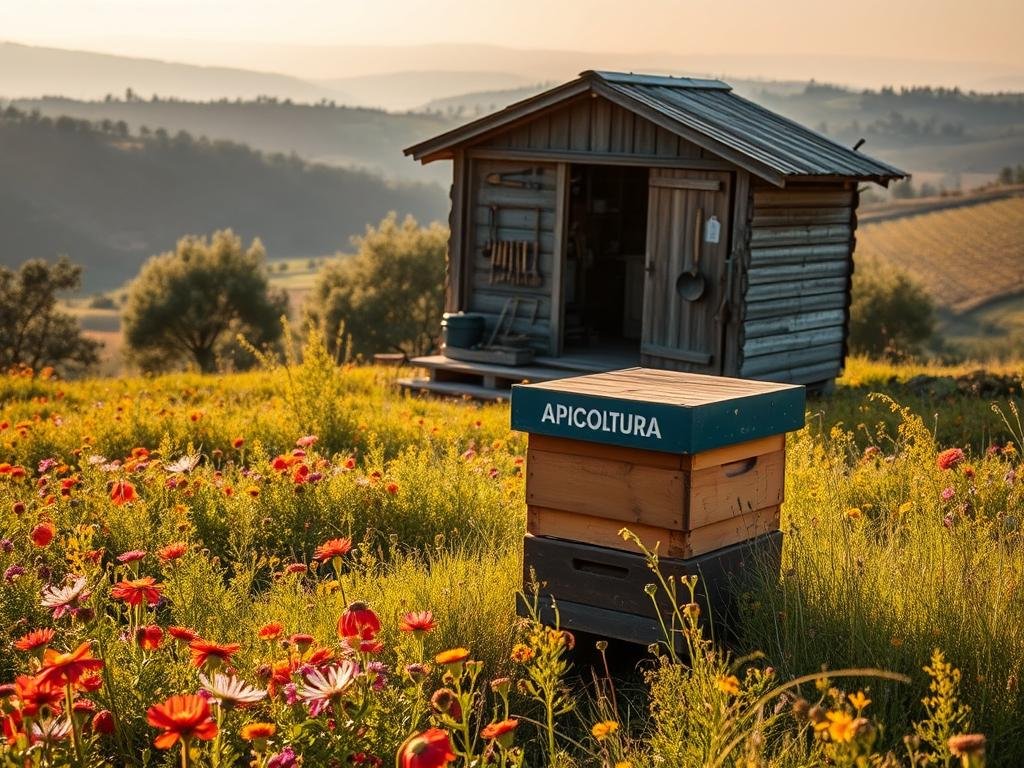 A tranquil Italian apiarian landscape, where the "Apicoltura" brand thrives. In the foreground, a picturesque beehive nestled amidst a field of vibrant wildflowers, bathed in soft, golden sunlight. In the middle ground, a weathered wooden shed, its walls adorned with vintage apicultural tools and equipment. Beyond, rolling hills dotted with olive groves and vineyards stretch towards a distant, hazy horizon. The scene exudes a sense of tradition, craftsmanship, and the harmonious coexistence of nature and human industry.