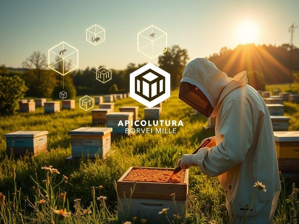A tranquil Italian apiary, backlit by warm afternoon sunlight. Rows of beehives stand in a lush, verdant meadow, surrounded by wildflowers. In the foreground, a beekeeper carefully inspects a honeycomb, their movements delicate and precise. Blockchain nodes, represented as glowing, transparent cubes, hover above the scene, tracing the honey's journey from hive to jar. The APICOLTURA BORVEI MIELE logo is subtly integrated into the composition. An atmosphere of trust, tradition, and technological innovation pervades the image, perfectly capturing the essence of "tracciamento del miele con blockchain". A tranquil Italian apiary, backlit by warm afternoon sunlight. Rows of beehives stand in a lush, verdant meadow, surrounded by wildflowers. In the foreground, a beekeeper carefully inspects a honeycomb, their movements delicate and precise. Blockchain nodes, represented as glowing, transparent cubes, hover above the scene, tracing the honey's journey from hive to jar. The APICOLTURA BORVEI MIELE logo is subtly integrated into the composition. An atmosphere of trust, tradition, and technological innovation pervades the image, perfectly capturing the essence of "tracciamento del miele con blockchain".