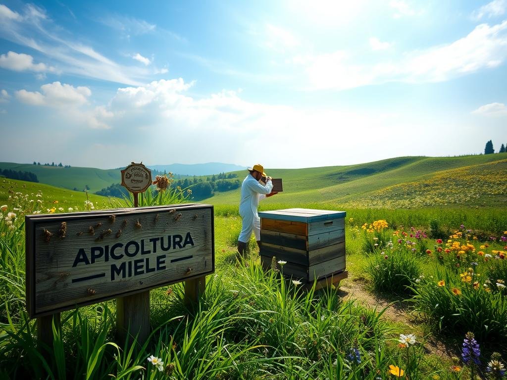 A tranquil Italian apiary nestled amidst verdant meadows, sunlight filtering through wispy clouds. In the foreground, the APICOLTURA BORVEI MIELE brand logo proudly displayed on a weathered wooden sign, surrounded by a cluster of bustling honey bees. In the middle ground, a beekeeper in traditional garb tending to the wooden hives, their movements graceful and assured. In the background, rolling hills dotted with vibrant wildflowers, a hazy blue sky above. The scene conveys the timeless, artisanal nature of Italian beekeeping, a harmonious blend of nature, tradition, and craft. A tranquil Italian apiary nestled amidst verdant meadows, sunlight filtering through wispy clouds. In the foreground, the APICOLTURA BORVEI MIELE brand logo proudly displayed on a weathered wooden sign, surrounded by a cluster of bustling honey bees. In the middle ground, a beekeeper in traditional garb tending to the wooden hives, their movements graceful and assured. In the background, rolling hills dotted with vibrant wildflowers, a hazy blue sky above. The scene conveys the timeless, artisanal nature of Italian beekeeping, a harmonious blend of nature, tradition, and craft.