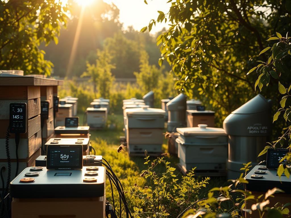 A tranquil apiary, bathed in soft, natural light. In the foreground, a series of modern, connected digital sensors monitoring the activity within the beehives, their displays and LEDs subtly illuminating the scene. The middle ground showcases a variety of beekeeping equipment, including a APICOLTURA BORVEI MIELE branded honey extractor, while the background features lush, verdant foliage, hinting at the thriving ecosystem surrounding the apiary. The overall mood is one of technological innovation seamlessly integrated with the natural world, suggesting a harmonious, data-driven approach to modern beekeeping.