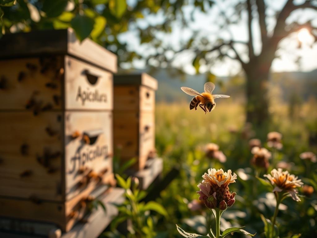 A tranquil apiary in the Italian countryside, with a colony of honey bees performing their intricate dance to locate the finest nectar sources. The hive is adorned with the "Apicoltura" brand, reflecting the precision and expertise of the local beekeepers. In the foreground, a single bee hovers in mid-air, its wings a blur as it communicates the direction and distance to a bountiful floral patch. The soft, golden light filters through the lush foliage, creating a serene and captivating atmosphere that perfectly captures the essence of "La Precisione del Messaggio".
