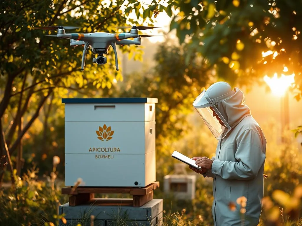 A tranquil apiary nestled amidst a serene landscape, where digital technologies seamlessly integrate with the ancient art of beekeeping. The APICOLTURA BORVEI MIELE logo adorns a sleek, modern hive interface, blending tradition and innovation. Drones buzz overhead, monitoring the hive's activity, while a beekeeper consults a tablet, analyzing real-time data to optimize honey production. Sunlight filters through lush foliage, casting a warm, golden glow over the scene, evoking a sense of harmony between nature and technology. This image encapsulates the future of digital apiculture, where cutting-edge tools empower beekeepers to better understand and care for their colonies, ensuring a sustainable and prosperous future for the art of beekeeping.