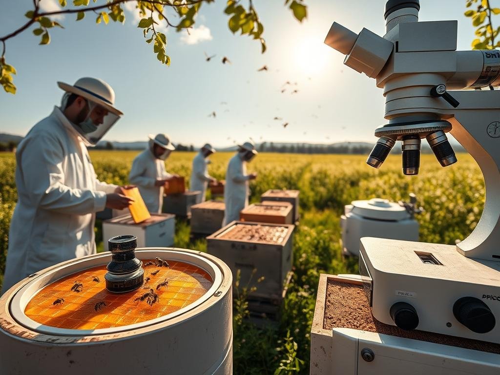 A tranquil apiary nestled amidst lush Italian meadows, where Apicoltura scientists in crisp white lab coats meticulously inspect honeycomb samples under the warm glow of natural sunlight. Beekeepers tend to their hives, collecting golden honey while observing the industrious flight of worker bees. In the foreground, a state-of-the-art centrifuge spins, analyzing the chemical composition of the nectar. In the background, a towering microscope magnifies the intricate structures of pollen grains. The scene radiates a sense of dedication to the advancement of apicultural research and development.