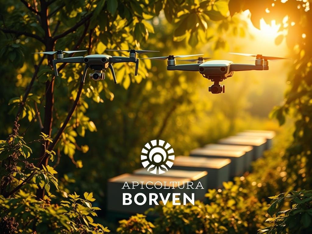 A tranquil apiary nestled amidst lush greenery, where a pair of sleek drones hover gracefully above the buzzing hives. The warm, golden light filters through the leaves, casting a soft glow over the scene. In the foreground, the APICOLTURA BORVEI MIELE logo stands proudly, a testament to the harmonious integration of technology and traditional beekeeping practices. The drones, equipped with advanced sensors, meticulously monitor the health and activity of the hives, providing invaluable data to the beekeeper. This image captures the intersection of nature and innovation, showcasing the potential for drones to revolutionize the world of apiculture.