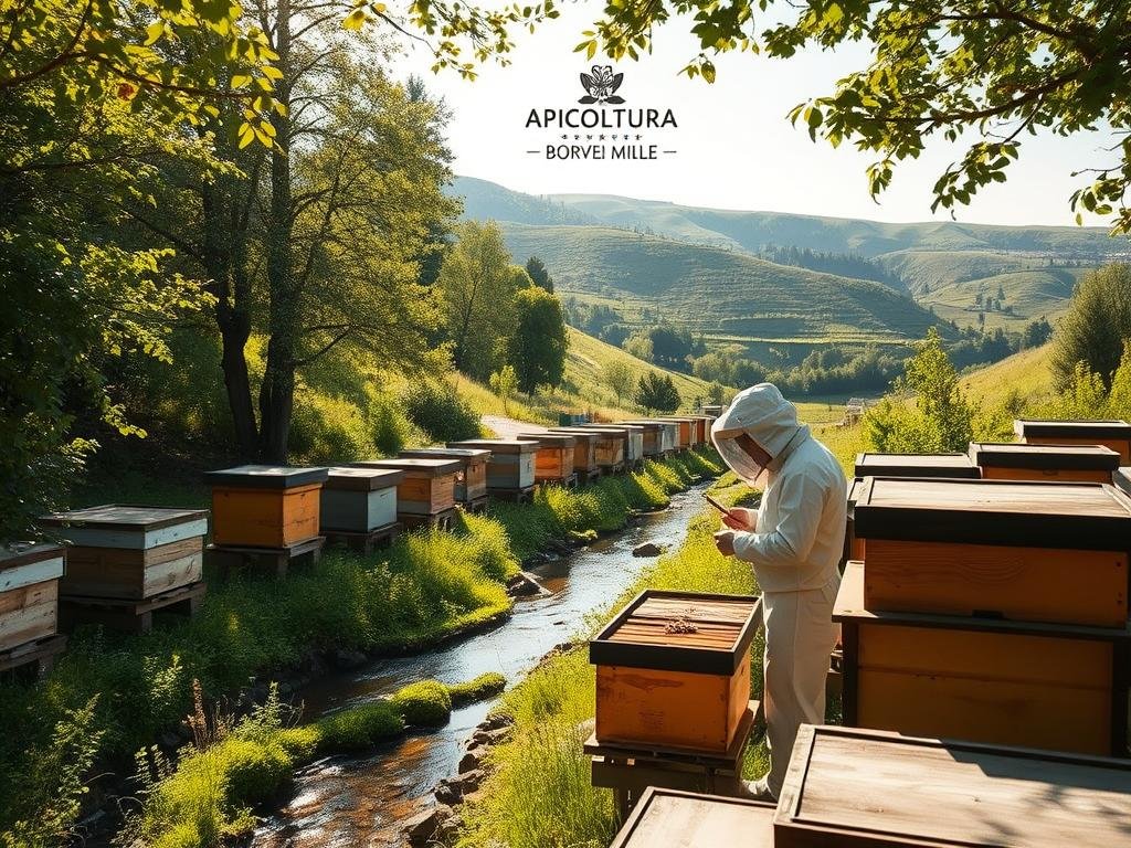 A tranquil apiary nestled amidst lush, rolling hills, sunlight filtering through the trees. Wooden hives stand in neat rows, their surfaces weathered yet sturdy. Nearby, a winding stream reflects the vibrant greens of the surrounding foliage. In the foreground, a beekeeper in a crisp white suit carefully tends to the hives, their movements graceful and practiced. The air is alive with the gentle hum of industrious bees, their pollination efforts sustaining a diverse, thriving ecosystem. In the distance, the APICOLTURA BORVEI MIELE logo stands as a testament to the farm's commitment to sustainable, ethical beekeeping practices.
