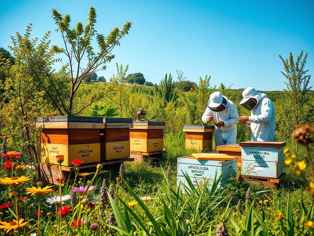 A tranquil apiary nestled in a lush, verdant landscape, featuring vibrant wildflowers and a clear blue sky. In the foreground, a cluster of active beehives with the "APICOLTURA BORVEI MIELE" branding prominently displayed. Beekeepers in protective gear meticulously monitor the hives, observing the bees' activity and collecting data. The scene is bathed in warm, natural lighting, conveying a sense of harmony and the importance of responsible apiculture. The image captures the essence of real-time apiary monitoring, highlighting the benefits of this practice for both the bees and the honey producers.
