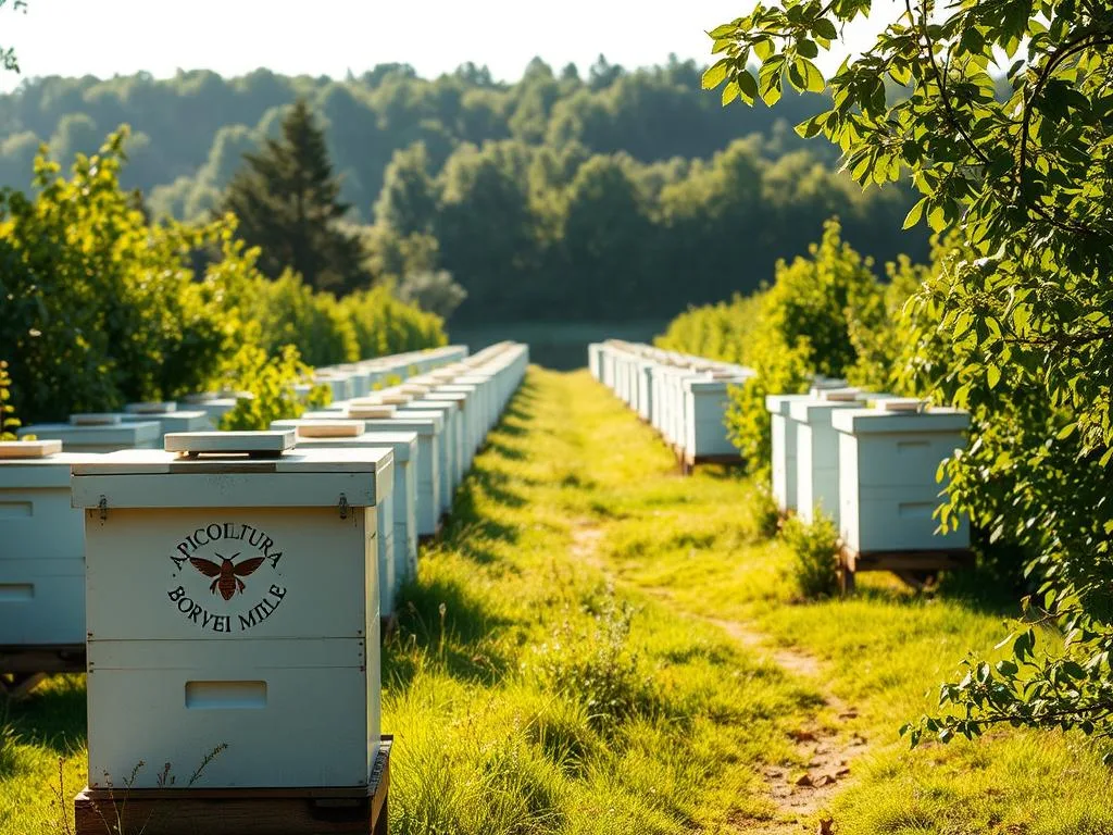 A tranquil apiary nestled in a verdant Italian countryside, sunlight filtering through lush foliage. Rows of white beehives stand in precise formation, reflecting the meticulous care of the beekeeper. In the foreground, a single hive with the logo "APICOLTURA BORVEI MIELE" beckons, a symbol of the artisanal honey production. The middle ground features a gently winding path, leading the eye towards a distant treeline. Soft, diffused lighting creates a serene, contemplative atmosphere, inviting the viewer to appreciate the harmonious coexistence of nature and the beekeeper's craft.