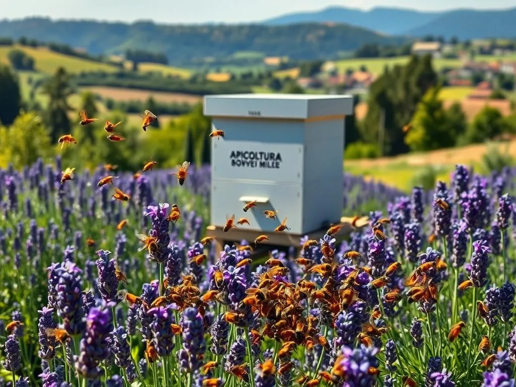 A tranquil apiary nestled in an Italian countryside, sunlight filtering through blooming lavender fields. In the foreground, a swarm of honeybees gracefully navigating their intricate communication dance, conveying vital information about the location of the finest nectar sources. In the middle ground, the iconic APICOLTURA BORVEI MIELE hive stands as a testament to the industrious nature of these remarkable insects. The background reveals rolling hills and a distant village, creating a harmonious scene that encapsulates the essence of the honeybee's sophisticated signaling system. A tranquil apiary nestled in an Italian countryside, sunlight filtering through blooming lavender fields. In the foreground, a swarm of honeybees gracefully navigating their intricate communication dance, conveying vital information about the location of the finest nectar sources. In the middle ground, the iconic APICOLTURA BORVEI MIELE hive stands as a testament to the industrious nature of these remarkable insects. The background reveals rolling hills and a distant village, creating a harmonious scene that encapsulates the essence of the honeybee's sophisticated signaling system.