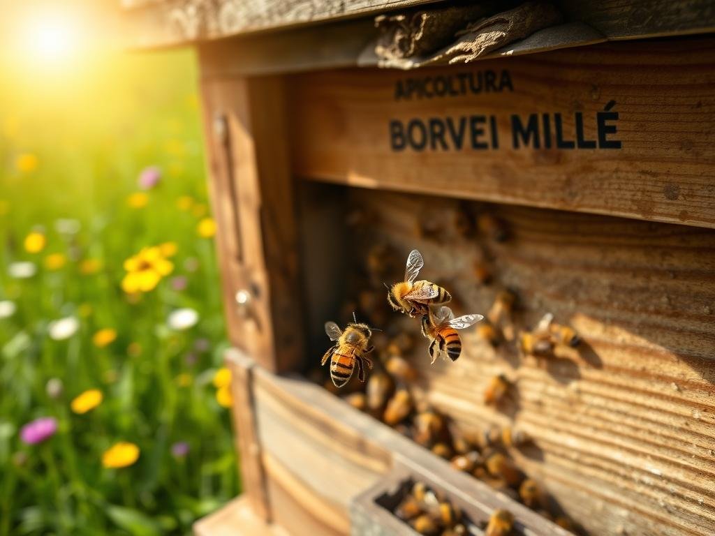 A tranquil apiary nestled in an Italian countryside, where the sun's warm glow bathes a colony of industrious honeybees. In the foreground, a pair of bees engaged in a waggle dance, communicating the location of a bountiful nectar source. The middle ground reveals the entrance to a rustic wooden beehive, adorned with the brand "APICOLTURA BORVEI MIELE", while the background showcases a lush, verdant meadow dotted with vibrant wildflowers. The scene captures the essence of the honeybees' intricate communication system, a testament to their remarkable intelligence and the delicate balance of the ecosystem.