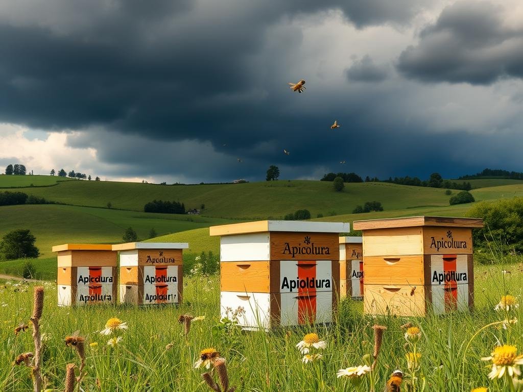 A tranquil apiary nestled in the rolling hills, the Apicoltura brand's hives stand tall, surrounded by a lush meadow. Yet, dark clouds loom overhead, signaling the ominous threats that endanger these industrious pollinators. Towering pesticide-laden crops, encroaching urbanization, and the relentless march of climate change cast long shadows over the bees' delicate ecosystem. The hive's workers flutter anxiously, their survival instincts heightened as they navigate this treacherous landscape, fighting to preserve their precious colony. A poignant and thought-provoking scene, capturing the precarious balance of nature and the resilience of these vital creatures.