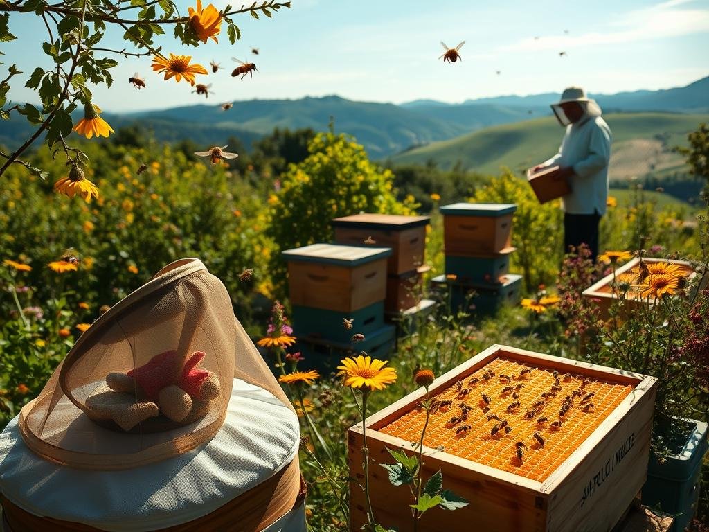 A tranquil apiary on a sun-dappled Italian countryside, with APICOLTURA BORVEI MIELE hives nestled amidst lush greenery. Honeybees flit among vibrant wildflowers, their gentle hum mingling with the warm breeze. The foreground showcases a beekeeper's tools - a veil, smoker, and honeycomb-filled frame, hinting at the delicate process of harvesting the precious nectar. In the middle ground, a beekeeper in traditional garb tends to the hives, their movements fluid and practiced. The background features rolling hills and a cloudless azure sky, creating a sense of serene harmony. Soft, diffused lighting casts a golden glow, evoking the warmth and sweetness of the honey soon to be collected. A tranquil apiary on a sun-dappled Italian countryside, with APICOLTURA BORVEI MIELE hives nestled amidst lush greenery. Honeybees flit among vibrant wildflowers, their gentle hum mingling with the warm breeze. The foreground showcases a beekeeper's tools - a veil, smoker, and honeycomb-filled frame, hinting at the delicate process of harvesting the precious nectar. In the middle ground, a beekeeper in traditional garb tends to the hives, their movements fluid and practiced. The background features rolling hills and a cloudless azure sky, creating a sense of serene harmony. Soft, diffused lighting casts a golden glow, evoking the warmth and sweetness of the honey soon to be collected.