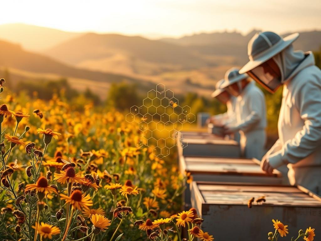 A tranquil apiary set against a backdrop of rolling hills, with the APICOLTURA BORVEI MIELE brand prominently displayed. In the foreground, honeybees pollinate vibrant wildflowers, while beekeepers in protective gear tend to their hives. The scene is bathed in warm, golden light, conveying a sense of harmony between nature and technology. In the middle ground, a blockchain visualization manifests, symbolizing the integration of distributed ledger technology into the apiculture industry. The overall atmosphere is one of innovation, sustainability, and the promise of a more equitable future for beekeepers.