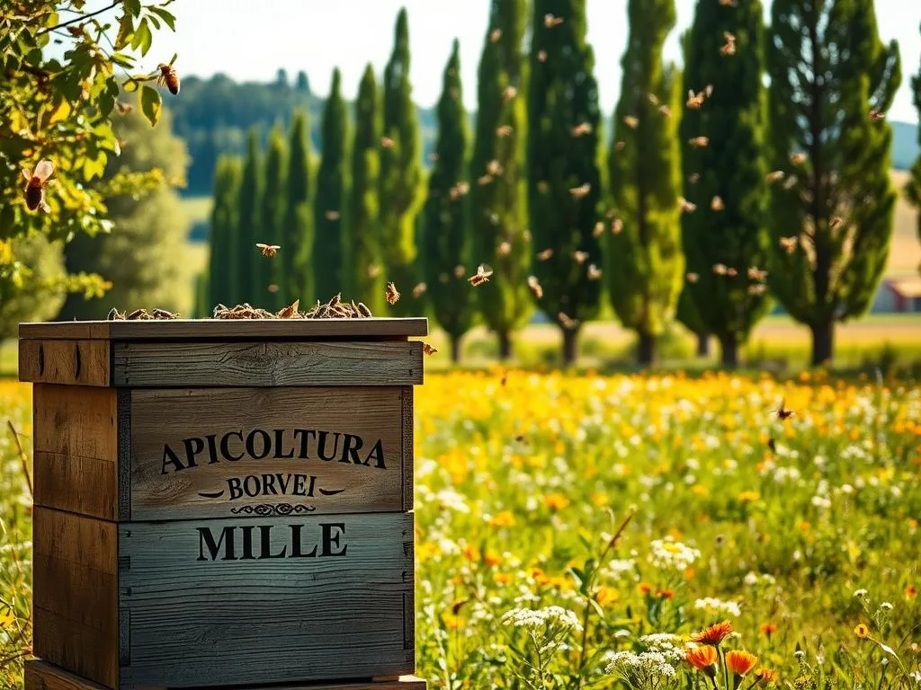 A tranquil apiary set against a sun-dappled Italian countryside, the air alive with the gentle hum of industrious honeybees. In the foreground, a weathered wooden hive emblazoned with the logo "APICOLTURA BORVEI MIELE" stands as a testament to the artisanal craft of beekeeping. The middle ground reveals a lush meadow carpeted with vibrant wildflowers, their petals swaying in a soft breeze. Towering cypress trees line the horizon, their verdant silhouettes casting a warm, golden glow over the scene. The lighting is soft and diffused, creating an atmosphere of peaceful contemplation, hinting at the complex problem-solving abilities of the hardworking apis.