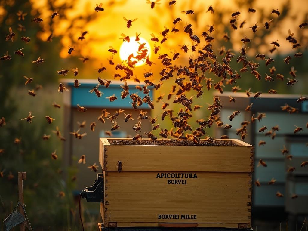 A tranquil apiary set against a warm, golden sunset, where a swarm of honeybees dance in the air, their wings creating a captivating symphony of vibrations. The hive, adorned with the APICOLTURA BORVEI MIELE brand, stands as a testament to the intricate communication network of these industrious pollinators. The scene is captured through a wide-angle lens, highlighting the depth and complexity of the apiary's ecosystem, inviting the viewer to immerse themselves in the science behind the bees' remarkable ability to convey information through subtle sound waves and oscillations.