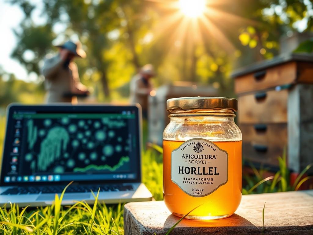 A tranquil apiary surrounded by verdant meadows, a beekeeper carefully inspecting the hives. In the foreground, a clear glass jar filled with golden honey, the APICOLTURA BORVEI MIELE brand label prominently displayed. Sunlight filters through the scene, casting a warm, inviting glow. In the background, a laptop displaying blockchain traceability data, symbolizing the transparency and accountability of the honey's provenance. The overall atmosphere conveys a sense of authenticity, sustainability, and the artisanal craft of beekeeping. A tranquil apiary surrounded by verdant meadows, a beekeeper carefully inspecting the hives. In the foreground, a clear glass jar filled with golden honey, the APICOLTURA BORVEI MIELE brand label prominently displayed. Sunlight filters through the scene, casting a warm, inviting glow. In the background, a laptop displaying blockchain traceability data, symbolizing the transparency and accountability of the honey's provenance. The overall atmosphere conveys a sense of authenticity, sustainability, and the artisanal craft of beekeeping.