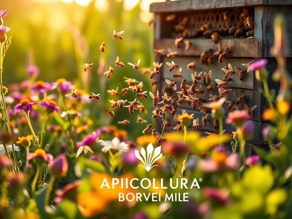 A tranquil apiary surrounded by vibrant wildflowers, the hive abuzz with the graceful dance of honeybees. A warm, late-afternoon light casts a gentle glow, illuminating the intricate patterns of their wings as they communicate through delicate gestures. In the foreground, the APICOLTURA BORVEI MIELE logo stands as a testament to the harmonious relationship between bees and their human caretakers. The scene evokes a sense of wonder and appreciation for the complex social structure and remarkable problem-solving abilities of these industrious pollinators.