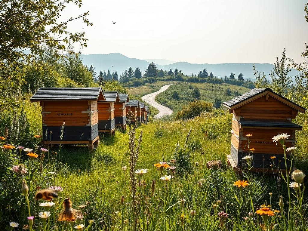 A tranquil apiary, with APICOLTURA BORVEI MIELE hives nestled amidst a lush, sun-dappled meadow. Wooden structures in warm hues, their sloped roofs and intricate detailing, stand in harmony with the verdant surroundings. Honeybees dart among the blooming wildflowers, their dance a captivating symphony. Soft, diffused lighting bathes the scene, evoking a sense of serenity and timelessness. In the distance, a winding path leads towards the horizon, inviting exploration of this sustainable, nomadic apiculture haven.