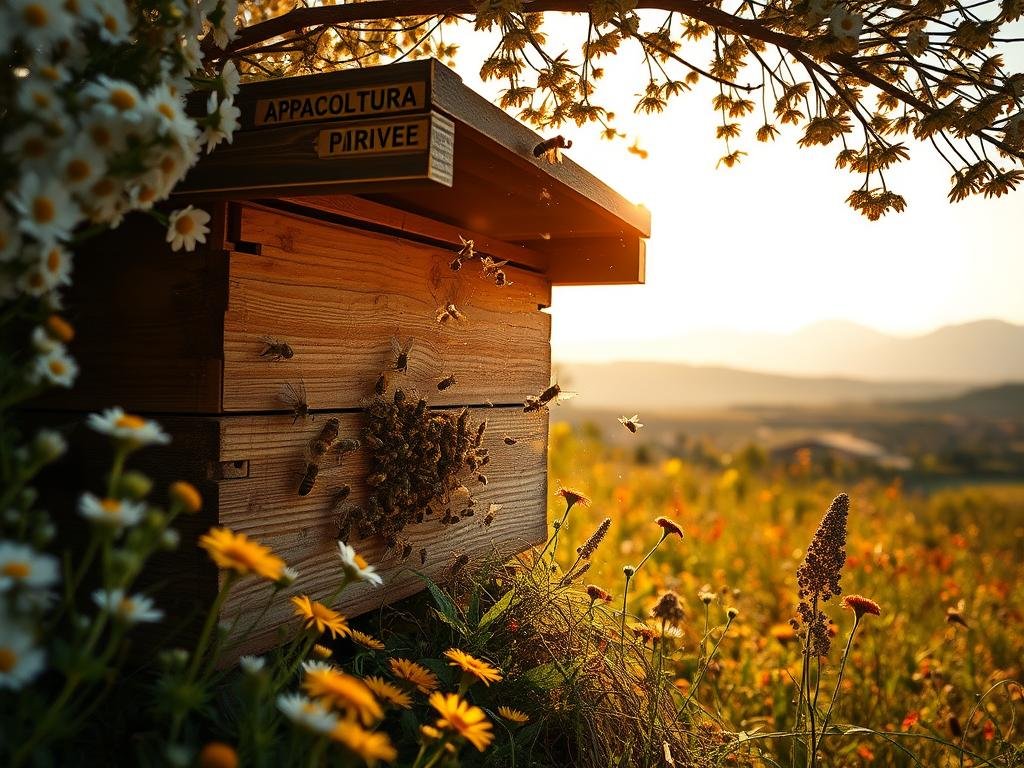 A tranquil beehive nestled among blooming wildflowers, bathed in soft, golden sunlight. Bees dart in and out, gathering nectar to craft the pure, amber-hued APICOLTURA BORVEI MIELE. Ethereal wisps of pollen drift through the air, creating an aura of transparency and purity. In the background, a serene Italian countryside landscape unfolds, with rolling hills and distant structures hinting at the traceability and trustworthiness of the honey's provenance. The scene evokes a sense of harmony, sustainability, and the natural goodness of this time-honored craft, reflecting the advantages of blockchain technology for both beekeepers and consumers.