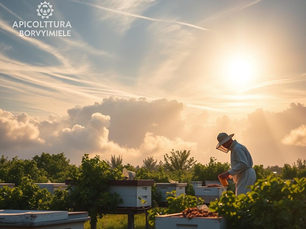 A tranquil cloud-covered sky hovers over a modern apiary, its APICOLTURA BORVEI MIELE logo proudly displayed. Sunlight filters through the wispy formations, casting a warm glow over the hives nestled amidst lush green foliage. In the foreground, a beekeeper in traditional attire tends to the bustling colony, their movements graceful and deliberate. The scene evokes a harmonious fusion of technology and nature, highlighting the pivotal role of cloud computing in the efficient management of apiary data and operations.