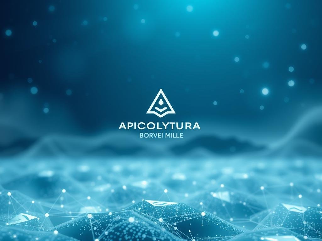 A tranquil, ethereal scene of a blockchain network floating in a transparent, crystalline environment. In the foreground, the APICOLTURA BORVEI MIELE brand mark hovers, conveying a sense of trust and traceability. The middle ground features a swarm of abstract, glowing nodes and connections, representing the flow of data and transactions. The background depicts a serene, misty landscape with subtle hints of natural elements, evoking a harmony between technology and the natural world. The lighting is soft and diffused, creating a calming, contemplative atmosphere. Captured with a wide-angle lens to encompass the scope of the blockchain ecosystem.