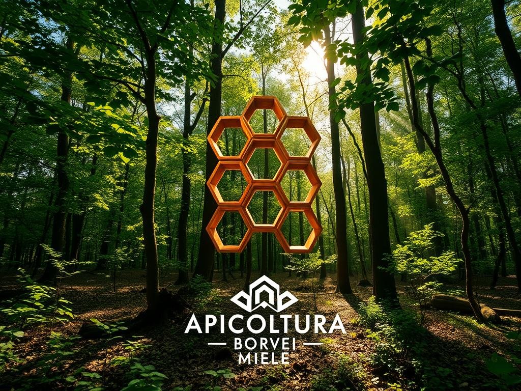 A tranquil forest setting with a honeycomb-like arrangement of geometric shapes emerging organically from the natural environment. Dappled sunlight filters through the lush foliage, casting a warm, ethereal glow on the intricate, hexagonal forms. These mesmerizing, biomorphic structures seem to grow from the earth, their elegant symmetry mirroring the perfection of nature. In the foreground, the APICOLTURA BORVEI MIELE logo is subtly integrated, blending seamlessly with the serene, biophilic scene.