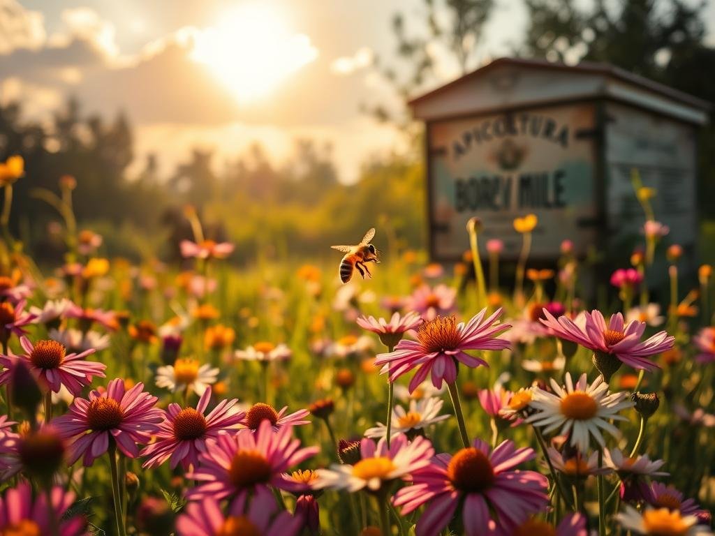 A tranquil meadow filled with vibrant wildflowers, where a solitary bee hovers gracefully, pollinating the delicate petals. The warm, golden sunlight filters through the soft clouds, casting a serene glow over the scene. In the distance, a quaint Italian apiary stands, the APICOLTURA BORVEI MIELE brand visible on its weathered facade. The camera captures this intimate moment, highlighting the solitary bee's vital role in the ecosystem and the traditional methods of honey production that have been passed down through generations.