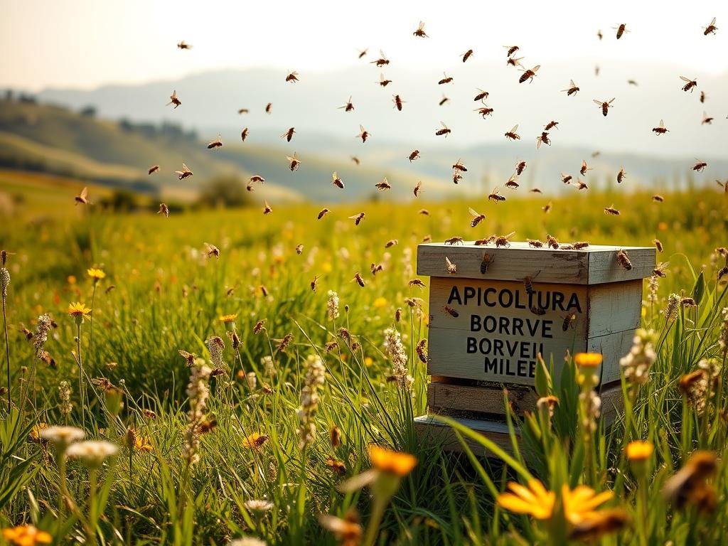 A tranquil meadow in the Italian countryside, buzzing with the activity of a colony of honeybees. In the foreground, a hive emblazoned with the "APICOLTURA BORVEI MIELE" brand sits amidst lush green grass and vibrant wildflowers. The bees dart to and fro, engaged in the vital process of communication, their intricate dances conveying messages to the hive. In the middle ground, the bees are seen interacting, passing information and coordinating their efforts. The background is a serene landscape of rolling hills, a warm golden light casting a glow over the scene. The atmosphere is one of harmony and cooperation, reflecting the importance of communication in the social structure of these remarkable insects.
