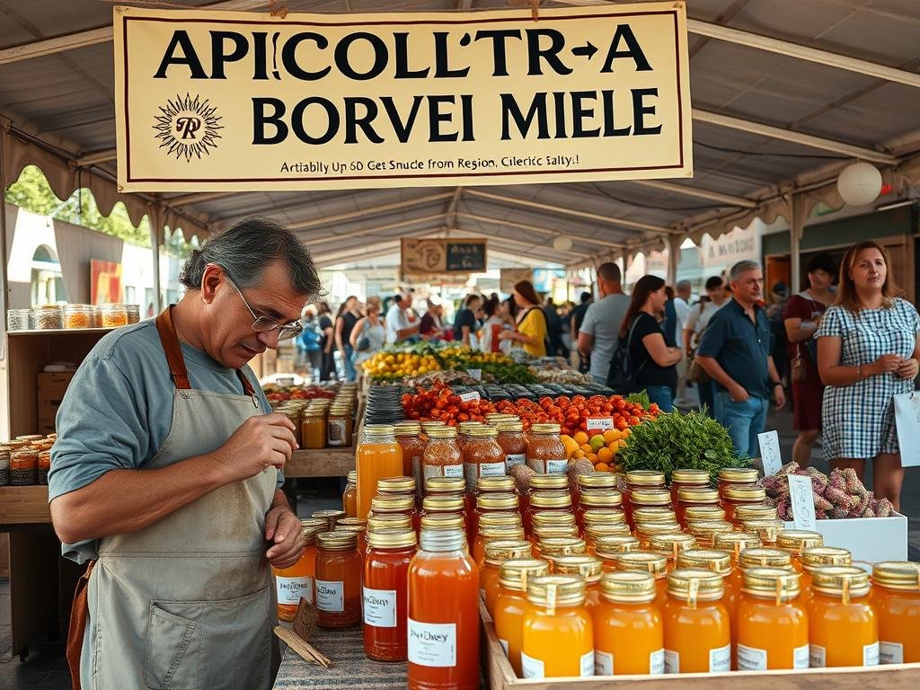A tranquil open-air market stall, brimming with jars of golden honey and other artisanal food products. The stall's banner proudly displays the brand name "APICOLTURA BORVEI MIELE". In the foreground, a farmer in a sun-weathered apron meticulously labels each jar, highlighting the traceability and quality assurance that defines this small-batch operation. The middle ground showcases a variety of fresh produce and traditional Italian delicacies, all sourced from the surrounding region. In the background, a bustling crowd of shoppers peruses the stalls, their faces aglow with the warm Mediterranean light. The scene conveys a sense of transparency, trust, and the importance of localized, traceable food systems.