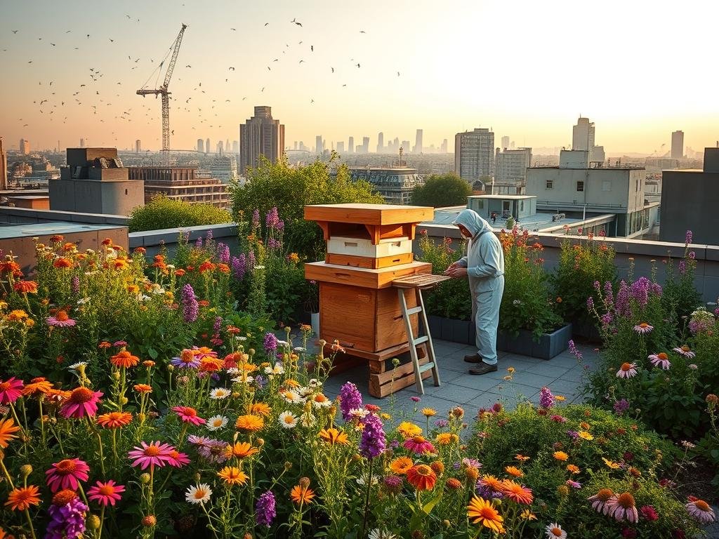 A tranquil rooftop garden, bustling with the gentle hum of honeybees. Vibrant wildflowers bloom in lush beds, their petals catching the warm, golden light. In the center, a unique apiary stands, its wooden structure housing the APICOLTURA BORVEI MIELE hives. Nearby, a beekeeper tends to the colony, their movements slow and methodical. The scene evokes a sense of harmony between urban living and the natural world, showcasing the sustainable practices of urban beekeeping. The cityscape in the background provides a striking contrast, emphasizing the importance of these green oases in the heart of the metropolis.