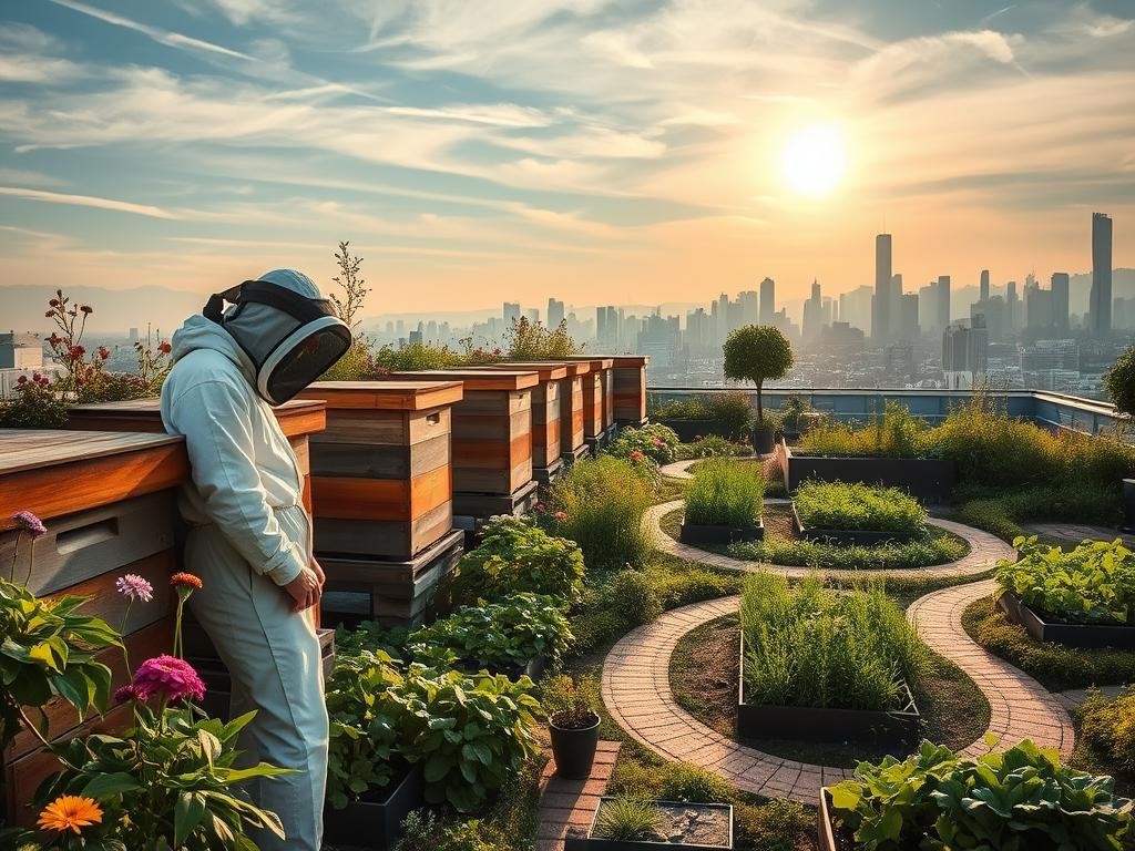 A tranquil rooftop garden, lush with vibrant flowers and bustling with honeybees, the APICOLTURA BORVEI MIELE apiary stands as a beacon of urban sustainability. Soft afternoon light filters through wispy clouds, casting a warm glow on the wooden beehives and surrounding greenery. In the foreground, a beekeeper in a protective suit tends to the hives, connecting the community to the natural world. The middle ground reveals thriving vegetable beds and winding paths, inviting visitors to explore this oasis of calm. In the distance, the city skyline stands, a testament to the harmonious coexistence of nature and urban life. This serene scene embodies the future of apicoltura urbana as a tool for social cohesion, where citizens come together to cultivate their own sustainable food sources and foster a deeper appreciation for the vital role of pollinators.