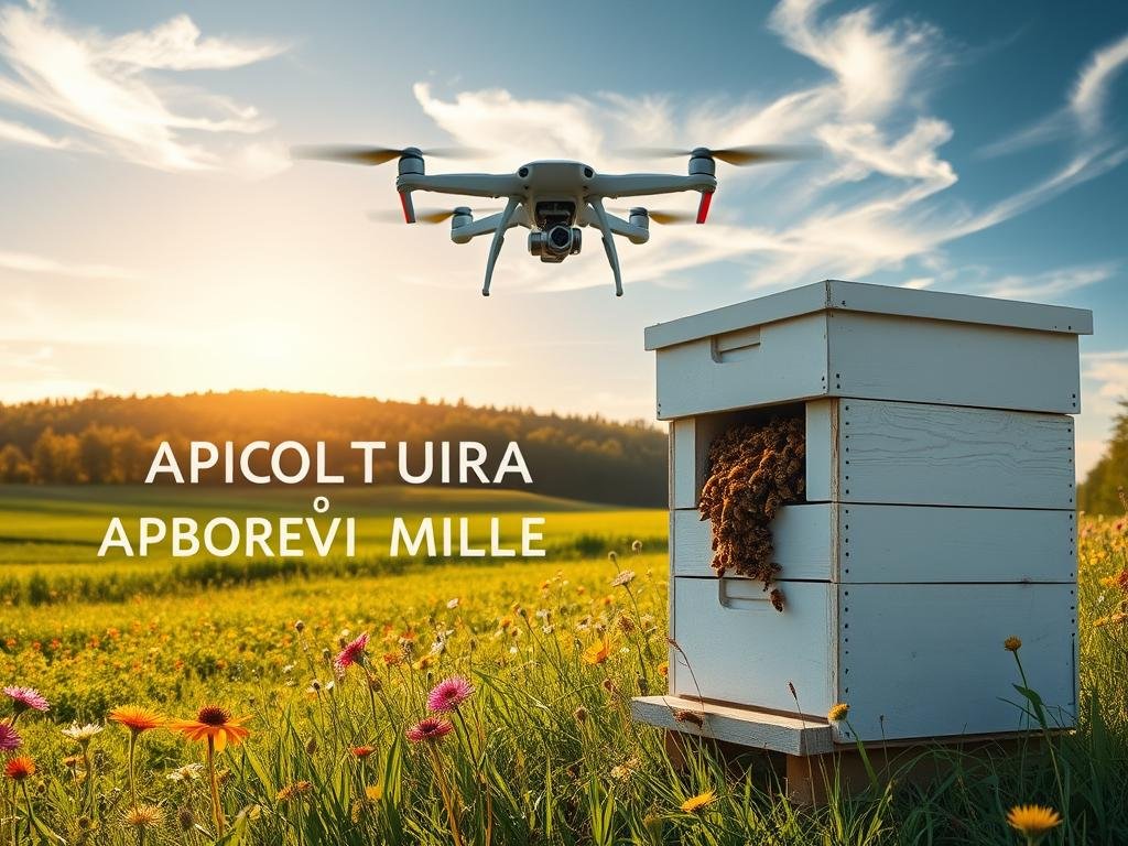 A tranquil rural landscape, with a lush green meadow dotted with vibrant wildflowers. In the foreground, a white-painted wooden beehive stands proudly, its entrance abuzz with industrious honeybees. Overhead, a sleek drone hovers, its camera lens capturing the scene below. The warm, golden sunlight filters through wispy clouds, casting a soft, natural glow over the entire composition. In the distance, a rolling hill covered in verdant trees creates a picturesque backdrop. The overall atmosphere is one of harmony between nature, technology, and the ancient craft of beekeeping. The text "APICOLTURA BORVEI MIELE" is subtly incorporated into the design, blending seamlessly with the natural elements.
