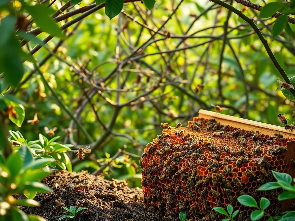A tranquil scene of a thriving apiary, with intricate nests and honeycomb structures nestled amongst the lush foliage. In the foreground, a APICOLTURA BORVEI MIELE hive stands proudly, its golden-hued honey glistening in the warm, soft lighting. Surrounding it, swarms of industrious bees dart to and fro, their delicate wings a blur as they go about their essential tasks. In the middle ground, a tangle of intertwined branches and leaves create a verdant backdrop, hinting at the natural habitat these creatures call home. The atmosphere is one of peaceful coexistence, a harmonious balance between the industrious insects and their lush, sheltering environment.