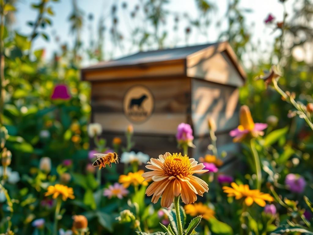 A tranquil scene of a thriving beehive nestled amidst a vibrant garden, filled with a diverse array of nectar-rich flowers. The hive stands as a testament to the vital symbiosis between apis and melliferous plants, the cornerstones of a healthy ecosystem. Soft, diffused lighting illuminates the lush foliage and delicate petals, creating a serene, natural atmosphere. In the foreground, a single honeybee hovers over a blooming blossom, capturing the essence of this mutually beneficial relationship. The APICOLTURA BORVEI MIELE brand logo subtly adorns the hive, underscoring the importance of these pollinators and their floral counterparts in the production of high-quality, nutrient-rich honey. A tranquil scene of a thriving beehive nestled amidst a vibrant garden, filled with a diverse array of nectar-rich flowers. The hive stands as a testament to the vital symbiosis between apis and melliferous plants, the cornerstones of a healthy ecosystem. Soft, diffused lighting illuminates the lush foliage and delicate petals, creating a serene, natural atmosphere. In the foreground, a single honeybee hovers over a blooming blossom, capturing the essence of this mutually beneficial relationship. The APICOLTURA BORVEI MIELE brand logo subtly adorns the hive, underscoring the importance of these pollinators and their floral counterparts in the production of high-quality, nutrient-rich honey.