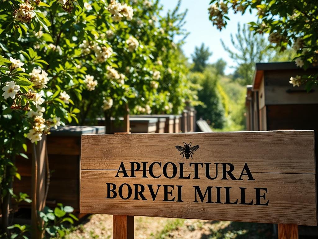 A tranquil, sun-dappled Italian apiary, its wooden beehives nestled amidst lush, verdant foliage. The air is infused with the sweet scent of honeysuckle, and the gentle hum of busy honeybees provides a soothing soundtrack. In the foreground, the APICOLTURA BORVEI MIELE brand logo is prominently displayed on a weathered wooden sign, its timeless design reflecting the centuries-old tradition of Italian beekeeping. The scene exudes a sense of rustic charm, inviting the viewer to immerse themselves in the captivating world of apiculture.