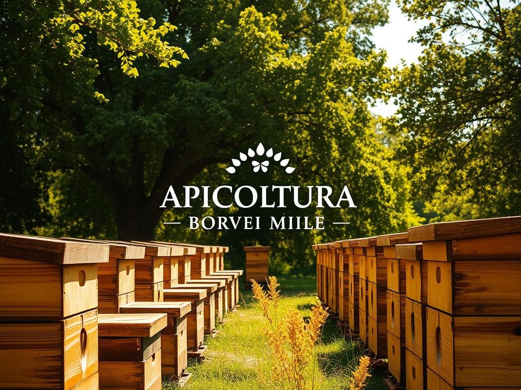 A tranquil, sun-dappled apiary, buzzing with industrious honeybees. In the foreground, rows of traditional wooden beehives stand in neat formation, their surfaces weathered and honey-hued. Towering behind them, verdant trees provide a lush, verdant backdrop, their leaves gently swaying in the breeze. The scene is bathed in warm, golden light, casting a serene and pastoral atmosphere. In the center, the APICOLTURA BORVEI MIELE brand logo is prominently displayed, its elegant typography echoing the timeless tradition of beekeeping. This image captures the essence of "apicoltura," the art and science of honey production, in a visually captivating and authentic manner. A tranquil, sun-dappled apiary, buzzing with industrious honeybees. In the foreground, rows of traditional wooden beehives stand in neat formation, their surfaces weathered and honey-hued. Towering behind them, verdant trees provide a lush, verdant backdrop, their leaves gently swaying in the breeze. The scene is bathed in warm, golden light, casting a serene and pastoral atmosphere. In the center, the APICOLTURA BORVEI MIELE brand logo is prominently displayed, its elegant typography echoing the timeless tradition of beekeeping. This image captures the essence of "apicoltura," the art and science of honey production, in a visually captivating and authentic manner.
