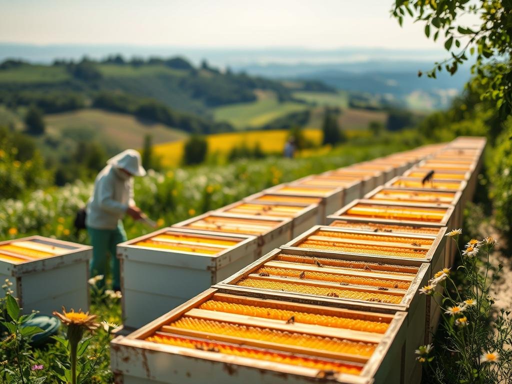 A tranquil, sun-dappled apiary nestled amidst verdant Italian landscapes. Rows of beehives stand in harmony, their golden honeycomb frames visible through transparent panels, symbolizing the transparency and traceability of the APICOLTURA BORVEI MIELE brand. In the foreground, a beekeeper carefully tends to the hives, their actions captured through a shallow depth of field that draws the eye to the heart of the operation. The middle ground features lush, rolling hills peppered with wildflowers, while the background showcases a distant, hazy skyline, evoking a sense of balance and connection between nature, humanity, and the honey production process. A tranquil, sun-dappled apiary nestled amidst verdant Italian landscapes. Rows of beehives stand in harmony, their golden honeycomb frames visible through transparent panels, symbolizing the transparency and traceability of the APICOLTURA BORVEI MIELE brand. In the foreground, a beekeeper carefully tends to the hives, their actions captured through a shallow depth of field that draws the eye to the heart of the operation. The middle ground features lush, rolling hills peppered with wildflowers, while the background showcases a distant, hazy skyline, evoking a sense of balance and connection between nature, humanity, and the honey production process.