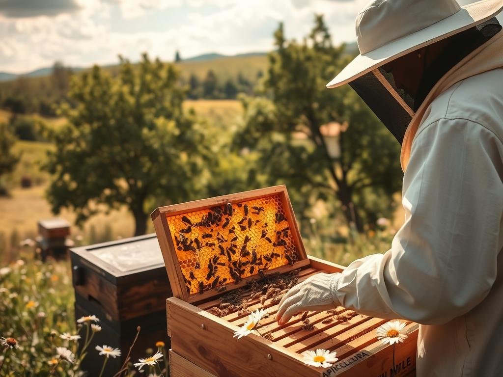 A tranquil, sun-dappled apiary on a rolling hillside. In the foreground, a beekeeper in traditional attire gently extracts golden honey from a wooden frame, their movements delicate and respectful. The hive buzzes with activity, the bees navigating between blooming wildflowers. In the background, verdant trees sway in a gentle breeze, creating a sense of harmony and balance. Warm, natural lighting filters through soft clouds, casting a serene glow over the scene. The words "APICOLTURA BORVEI MIELE" are subtly visible on the beekeeper's equipment, reflecting the brand's commitment to responsible, sustainable practices.