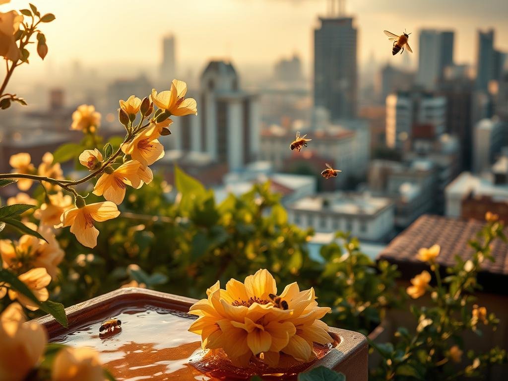 A tranquil urban apiarian scene depicting the unique character of APICOLTURA BORVEI MIELE. A lush rooftop garden with flourishing blooms and a well-tended hive, bathed in warm, soft lighting. The foreground showcases the rich, golden hue of the artisanal honey, while the background reveals the iconic cityscape of modern Italy. Subtle details such as the glistening droplets on the petals and the industrious bees in flight create a serene, immersive atmosphere that captures the essence of urban beekeeping.