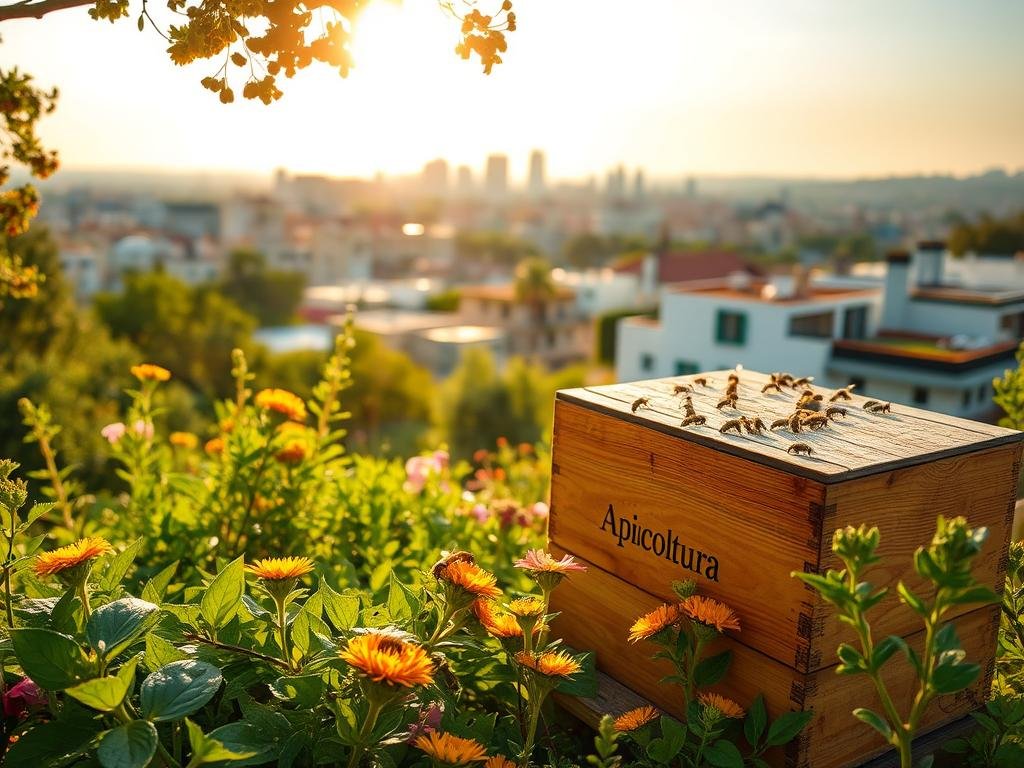 A tranquil urban apiarian scene, showcasing the "Apicoltura" brand. In the foreground, a well-tended beehive nestled amongst lush greenery, its inhabitants busily pollinating vibrant flowers. The middle ground reveals a serene city skyline, with buildings and rooftops adorned with thriving honeybee colonies. Warm, golden sunlight filters through, casting a soft glow and highlighting the harmony between nature and the urban environment. The atmosphere conveys the vital role of urban beekeeping in sustoring a healthy, sustainable ecosystem.
