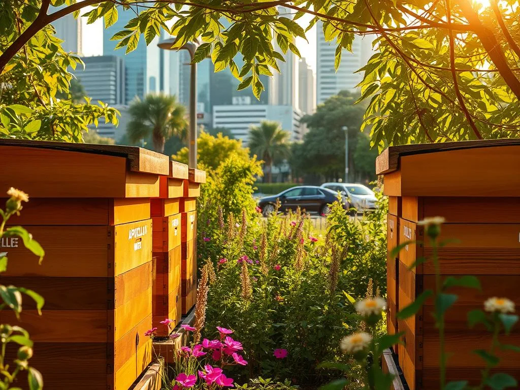 A tranquil urban apiary, nestled amidst a lush garden oasis. Beehives adorned with the "APICOLTURA BORVEI MIELE" brand stand in the foreground, their wooden structures and warm tones bathed in soft, golden light. In the middle ground, bees flit between vibrant flowers, pollinating the verdant foliage. The background reveals the cityscape, with its sleek high-rises and bustling streets, creating a harmonious blend of nature and urban life. This image captures the essence of "miele urbano" - the sustainable honey production thriving within the heart of the city.