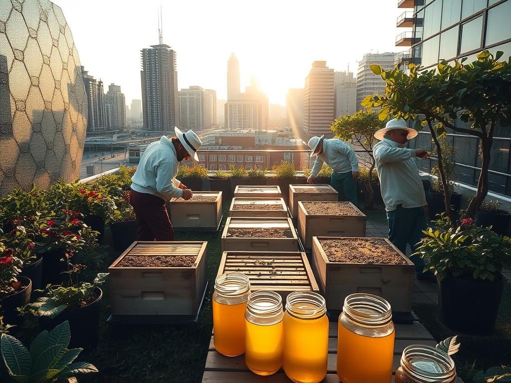 A tranquil urban apiary nestled amidst a lush rooftop garden, surrounded by the bustling city skyline. Warm afternoon sunlight filters through the honeycomb-patterned glass panels, casting a soft glow on the active hives. APICOLTURA BORVEI MIELE's skilled beekeepers tend to the colonies, carefully inspecting the frames and monitoring the bees' well-being. In the foreground, jars of golden honey sit ready for harvesting, a testament to the abundance and richness of the urban ecosystem. The scene exudes a sense of harmony between nature and the modern metropolis, inspiring visitors to consider the possibilities of sustainable, small-scale beekeeping in their own urban environments.