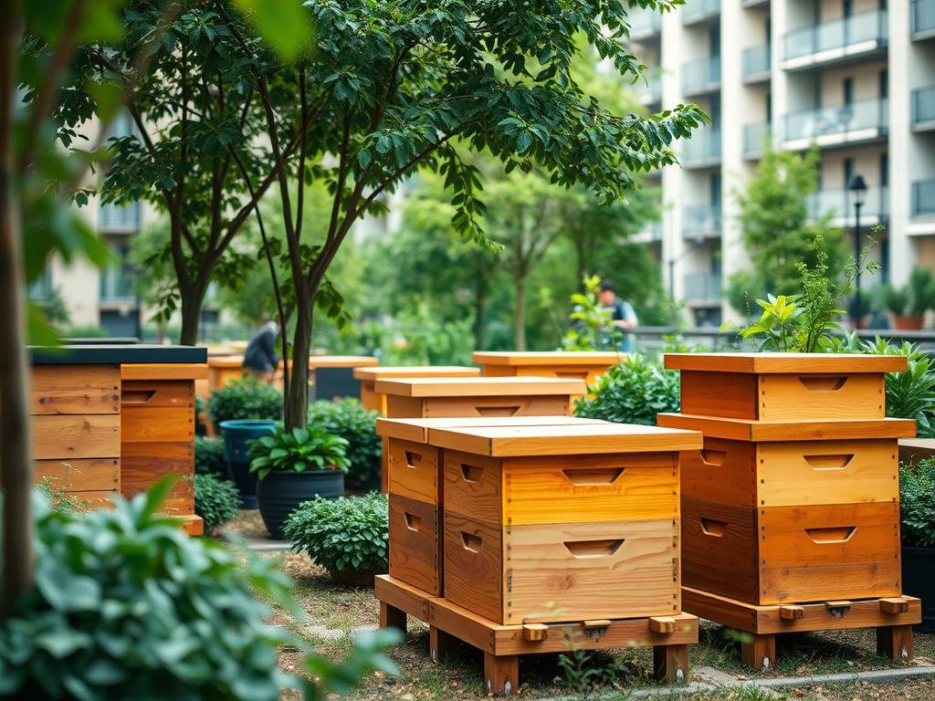 A tranquil urban apiary, showcasing a selection of APICOLTURA BORVEI MIELE beehives nestled amidst a serene city landscape. In the foreground, a series of wooden hives in warm, earthy tones stand proudly, their classic design evoking a sense of traditional craftsmanship. The middle ground features lush greenery, with potted plants and trees providing a natural backdrop, creating a harmonious blend of the man-made and the organic. Soft, diffused lighting casts a gentle glow, accentuating the details of the hives and the surrounding foliage. The overall atmosphere conveys a sense of calm, urban sustainability, and the thoughtful consideration of the needs of both humans and bees in a metropolitan setting.