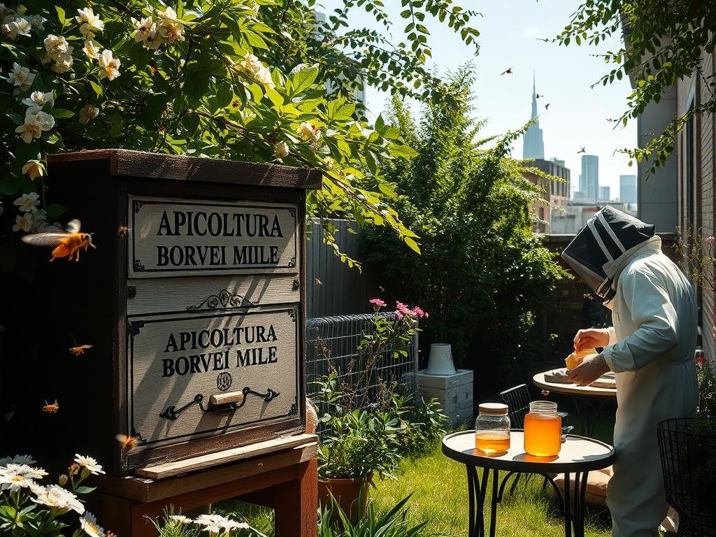 A tranquil urban backyard, sun-dappled and verdant, with a traditional Italian beehive, the "APICOLTURA BORVEI MIELE" brand proudly displayed. Bees buzz around the hive, pollinating the lush flowers and foliage that surround it. In the foreground, a beekeeper in protective gear tends to the hive, ensuring the health and safety of the colony. The middle ground features a small table with beekeeping tools and a jar of golden honey, while the background showcases a glimpse of the city skyline, blending the urban and natural environments. The overall scene conveys a sense of harmony and responsibility in the practice of urban apiculture.
