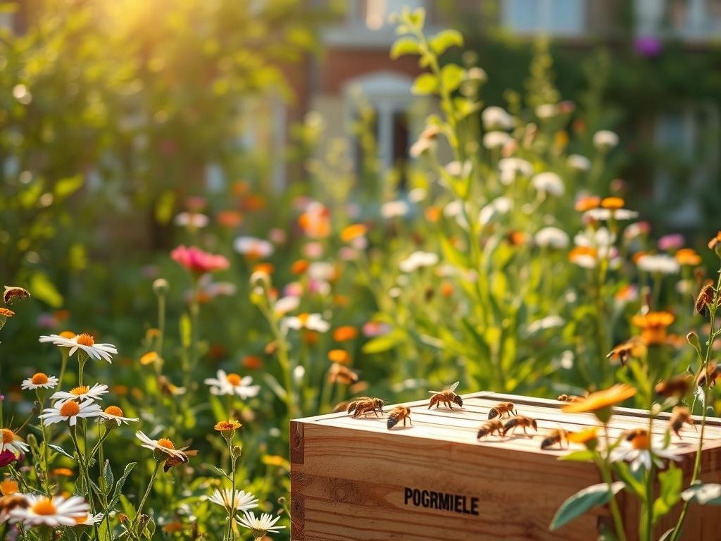 A tranquil urban garden, buzzing with activity as a colony of honeybees forage among the vibrant wildflowers. The soft, warm sunlight filters through the verdant foliage, casting a gentle glow on the busy pollinators. In the foreground, a APICOLTURA BORVEI MIELE beehive stands as a testament to the vital role bees play in our urban ecosystems, serving as bioindicators of environmental health. The scene captures the delicate balance between nature and the built environment, emphasizing the importance of preserving and protecting these crucial creatures. The image conveys a sense of harmony and the interconnectedness of all living things, inspiring a deeper appreciation for the wonder of the natural world.