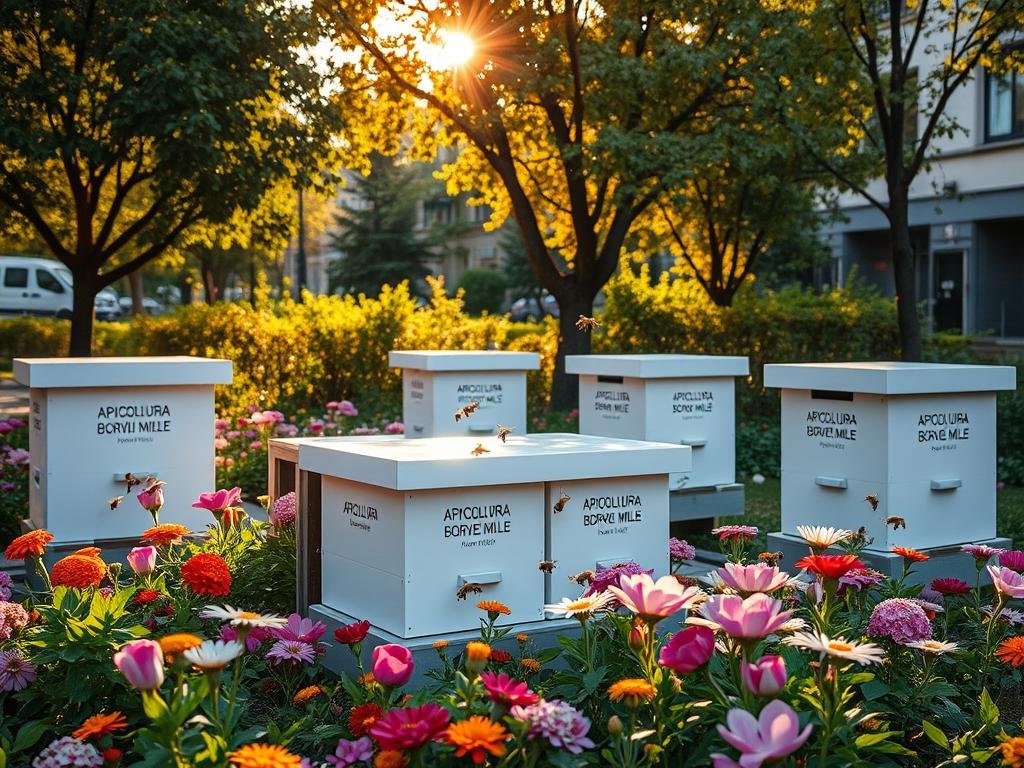 A tranquil urban garden in the heart of the city, with vibrant flowers and lush foliage. In the center, a set of modern beehives adorned with the APICOLTURA BORVEI MIELE brand, surrounded by a gentle swarm of honeybees pollinating the blooms. Warm, golden sunlight filters through the trees, casting a serene glow over the scene. The layout is clean and organized, showcasing the potential for small-scale, sustainable apiaries in urban environments. The overall atmosphere is one of harmony, where nature and city coexist in a delicate balance.