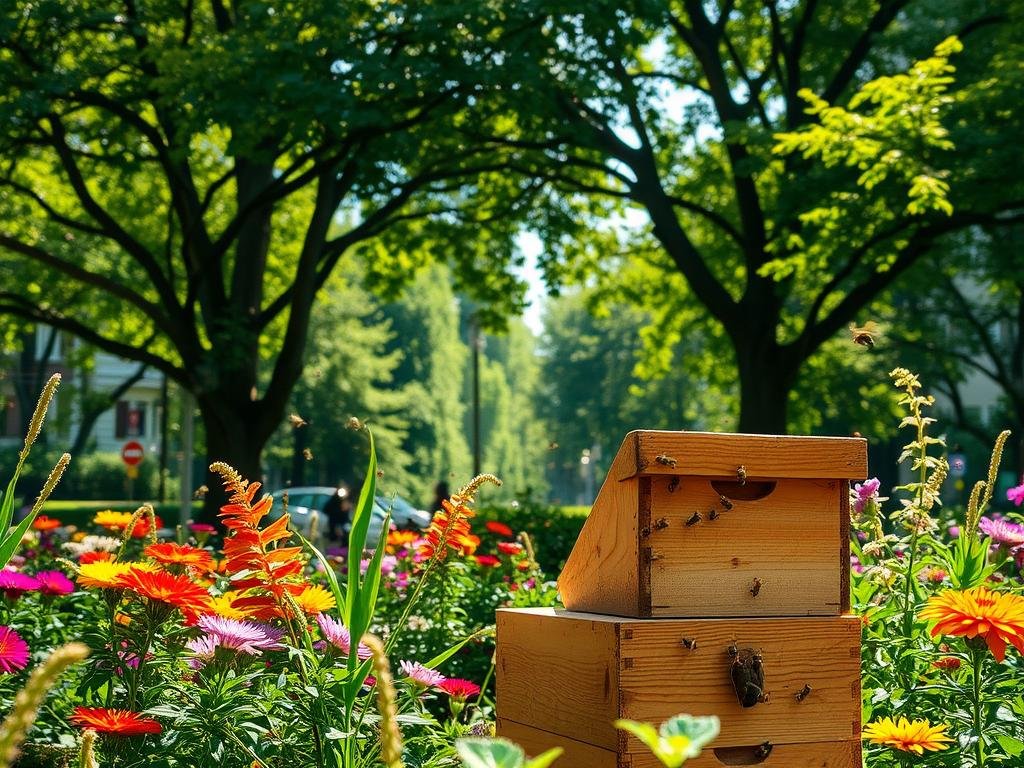 A tranquil urban garden, lush with vibrant flowers and towering trees, provides the perfect setting for a thriving APICOLTURA BORVEI MIELE apiary. Sunlight filters through the verdant canopy, casting a warm glow upon the bustling hive, where honeybees flit from blossom to blossom, pollinating the diverse flora. In the foreground, a wooden beehive stands as a testament to the harmony between nature and the city, inviting visitors to appreciate the wonders of urban apicolture. The serene atmosphere and the vibrant colors create a sense of balance and sustainability, showcasing the remarkable benefits of keeping bees in the heart of the urban landscape.