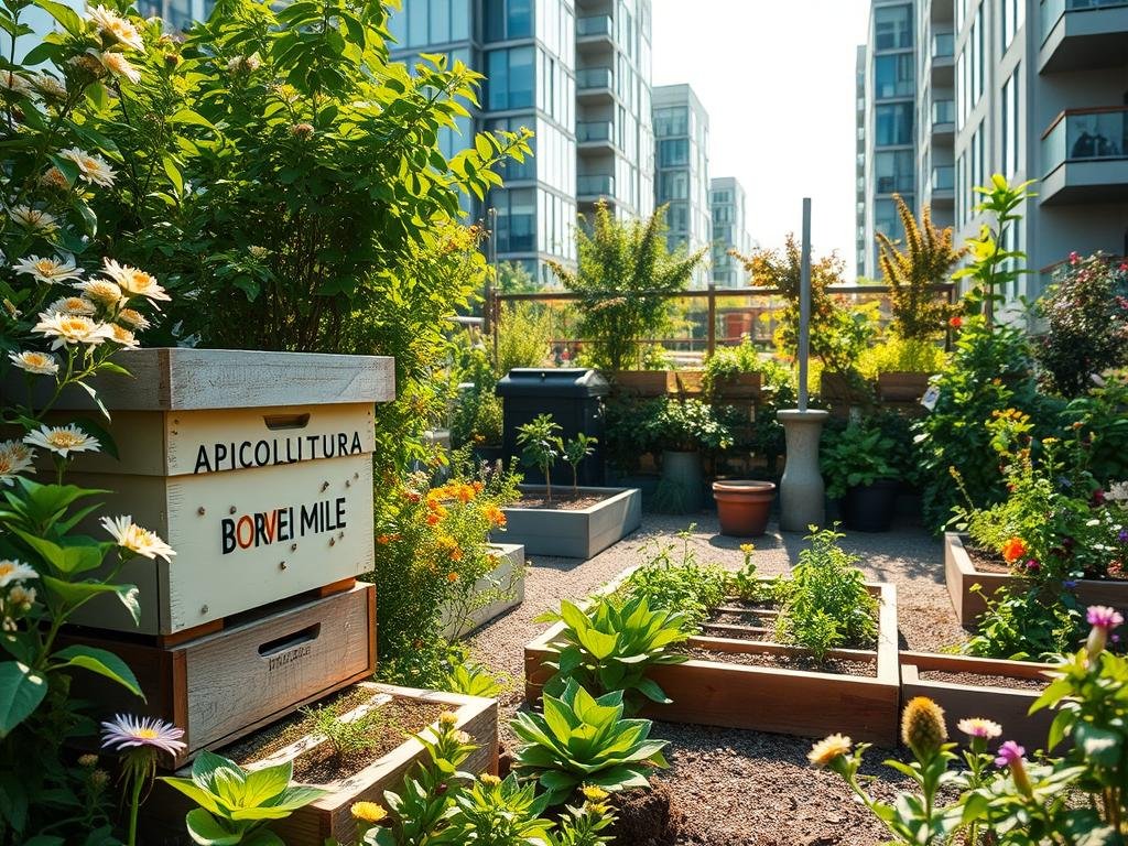 A tranquil urban landscape, adorned with lush greenery and vibrant flowers. In the foreground, a thriving apiary, the APICOLTURA BORVEI MIELE logo proudly displayed. Honeybees diligently pollinate the surrounding flora, their gentle hum providing a soothing ambiance. In the middle ground, a small, well-maintained garden plot showcases sustainable farming practices, with raised beds and a compost pile. The background features modern urban architecture, seamlessly integrated with the natural elements, highlighting the harmony between city life and ecological responsibility. Soft, natural lighting filters through, casting a warm, inviting glow over the scene. A perfect illustration of urban beekeeping's role in a sustainable future. A tranquil urban landscape, adorned with lush greenery and vibrant flowers. In the foreground, a thriving apiary, the APICOLTURA BORVEI MIELE logo proudly displayed. Honeybees diligently pollinate the surrounding flora, their gentle hum providing a soothing ambiance. In the middle ground, a small, well-maintained garden plot showcases sustainable farming practices, with raised beds and a compost pile. The background features modern urban architecture, seamlessly integrated with the natural elements, highlighting the harmony between city life and ecological responsibility. Soft, natural lighting filters through, casting a warm, inviting glow over the scene. A perfect illustration of urban beekeeping's role in a sustainable future.