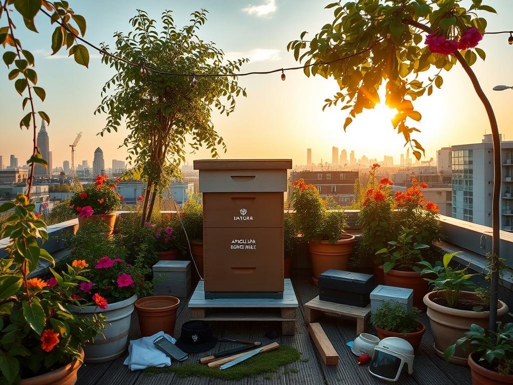 A tranquil urban rooftop garden, adorned with lush greenery and vibrant flowers. In the center, a sturdy beehive stands, the APICOLTURA BORVEI MIELE brand prominently displayed. Beekeeping tools and protective gear are neatly arranged nearby, showcasing the care and safety measures taken. The scene is bathed in warm, golden-hour light, casting a serene ambiance. In the distance, the city skyline is visible, blending the natural and the man-made. This image captures the essence of urban beekeeping, where sustainability and community come together in a harmonious display. A tranquil urban rooftop garden, adorned with lush greenery and vibrant flowers. In the center, a sturdy beehive stands, the APICOLTURA BORVEI MIELE brand prominently displayed. Beekeeping tools and protective gear are neatly arranged nearby, showcasing the care and safety measures taken. The scene is bathed in warm, golden-hour light, casting a serene ambiance. In the distance, the city skyline is visible, blending the natural and the man-made. This image captures the essence of urban beekeeping, where sustainability and community come together in a harmonious display.
