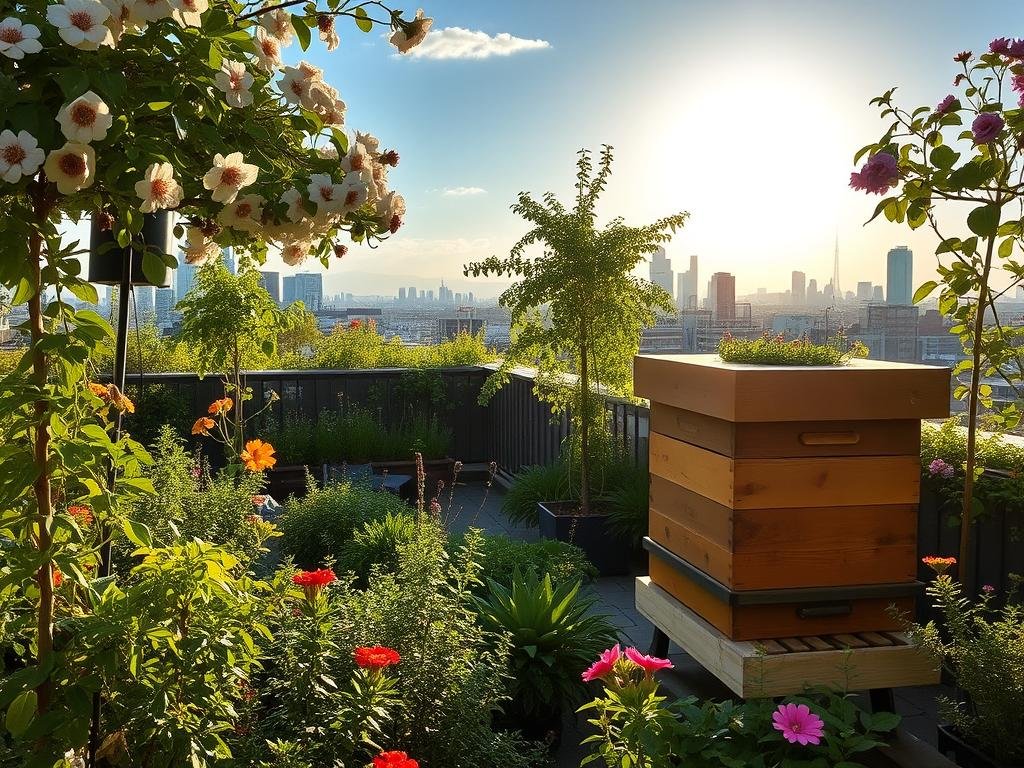 A tranquil urban rooftop garden, brimming with lush greenery and the gentle buzzing of Apicoltura's hives. Sunlight filters through a canopy of flowers, casting a warm, golden glow over the scene. In the foreground, a wooden beehive stands as a testament to the harmonious coexistence of nature and city life. Surrounding it, thriving plants and blooms in vibrant hues create a serene, contemplative atmosphere. In the distance, the cityscape blends seamlessly with the verdant oasis, showcasing the beauty and sustainability of Apicoltura's urban beekeeping initiative.